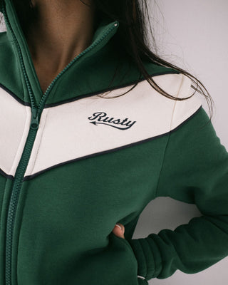 Woman wearing Fever Zip Through Fleece in Green Bean