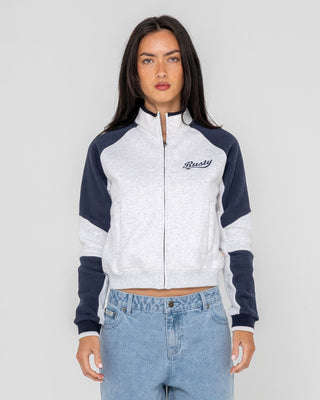 Woman wearing Day Dreamer Funnel Neck Fleece in Ecru Marle