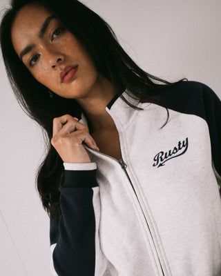 Woman wearing Day Dreamer Funnel Neck Fleece in Ecru Marle