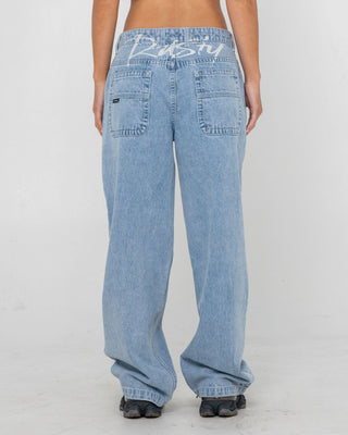 Woman wearing Gangsta Baggy Low Rise Jean in True Blue