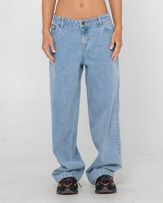 Woman wearing Gangsta Baggy Low Rise Jean in True Blue