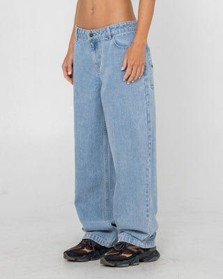 Woman wearing Gangsta Baggy Low Rise Jean in True Blue