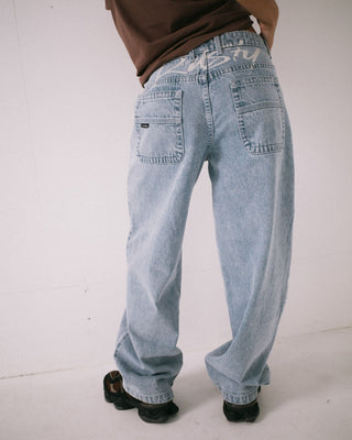 Woman wearing Gangsta Baggy Low Rise Jean in True Blue