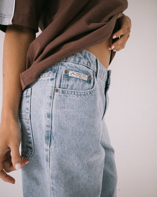 Woman wearing Gangsta Baggy Low Rise Jean in True Blue