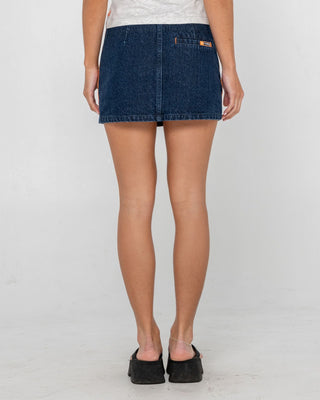 Woman wearing Webber Denim Low Rise Micro Mini Skirt in Indigo