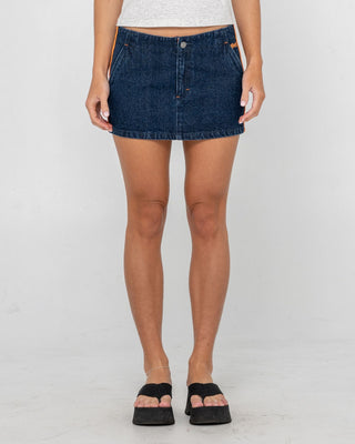 Woman wearing Webber Denim Low Rise Micro Mini Skirt in Indigo