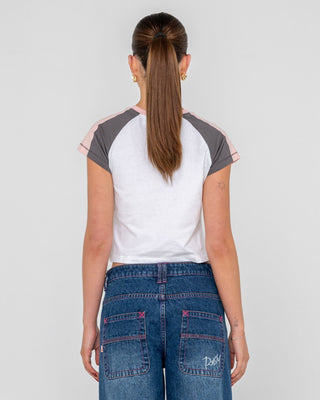 Woman wearing Bradley Mini Cap Sleeve Tee in White