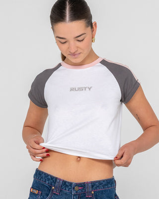 Woman wearing Bradley Mini Cap Sleeve Tee in White