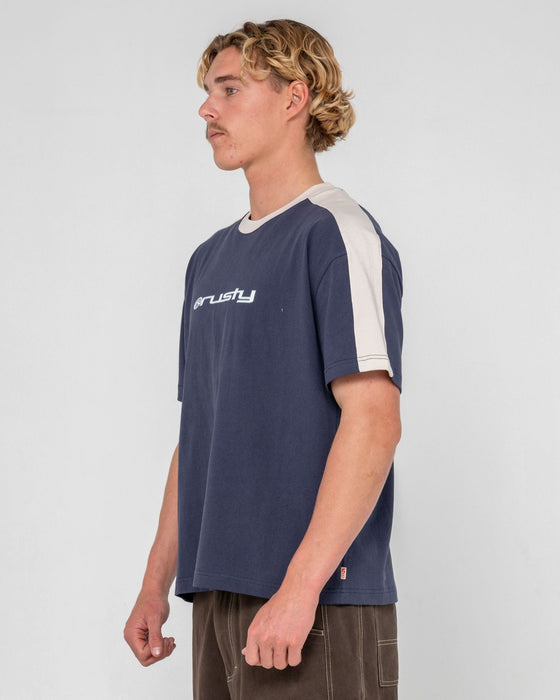 man-wearing-weapon-short-sleeve-tee-in-dark-blue