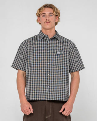 Man wearing Check 1 Check 2 Short Sleeve Shirt in Black