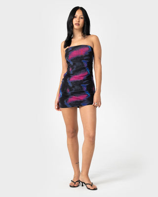Woman wearing Amnesia Mesh Mini Dress in Amnesia Print