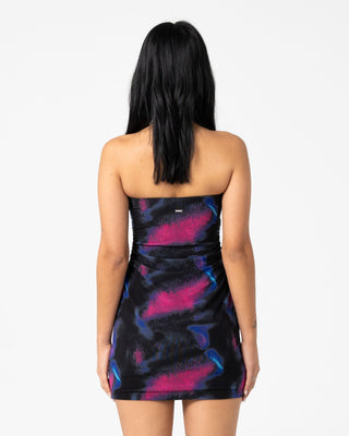 Woman wearing Amnesia Mesh Mini Dress in Amnesia Print