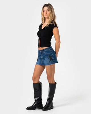 Woman wearing Im Hooked Cap Sleeve Fashion Top in Black