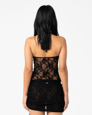 Woman wearing Club Classics Lace Skimmer Top in Black