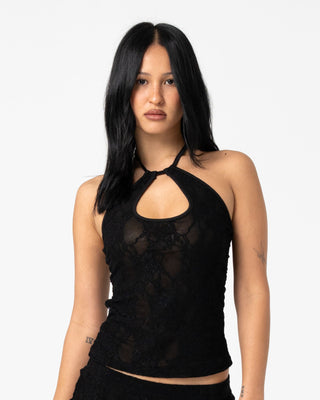 Woman wearing Club Classics Lace Skimmer Top in Black