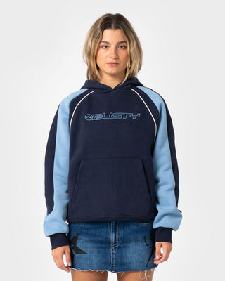 Woman wearing Black Splice Oversized Hooded Fleece in Navy / Blue