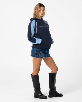 Woman wearing Black Splice Oversized Hooded Fleece in Navy / Blue