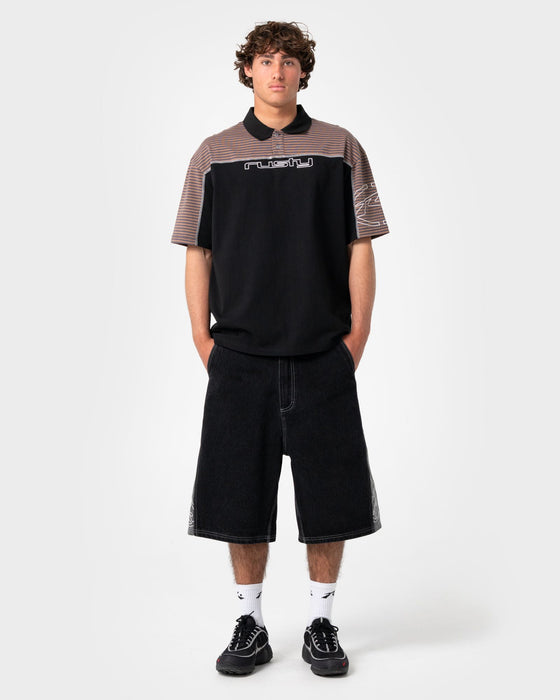 man-wearing-cyber-crime-short-sleeve-polo-in-black