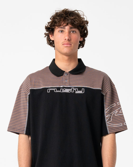 man-wearing-cyber-crime-short-sleeve-polo-in-black