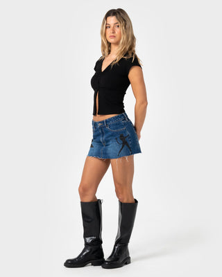 Woman wearing Brixton Low Rise Denim Mini Skirt in Walk Of Shame