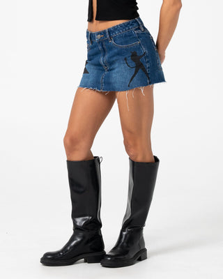 Woman wearing Brixton Low Rise Denim Mini Skirt in Walk Of Shame