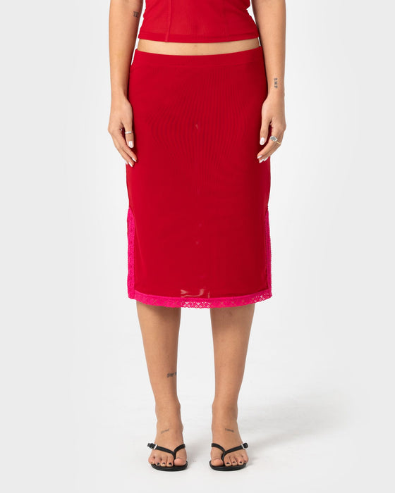 woman-wearing-camden-mesh-midi-skirt-in-red-fushia