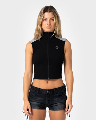 Woman wearing Speed Zip Through Tank in Black / Grey