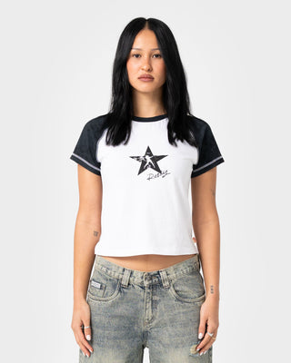 Woman wearing Starred Devil Raglan Baby Tee in White / Washed Black