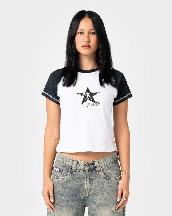 woman-wearing-starred-devil-raglan-baby-tee-in-white-washed-black