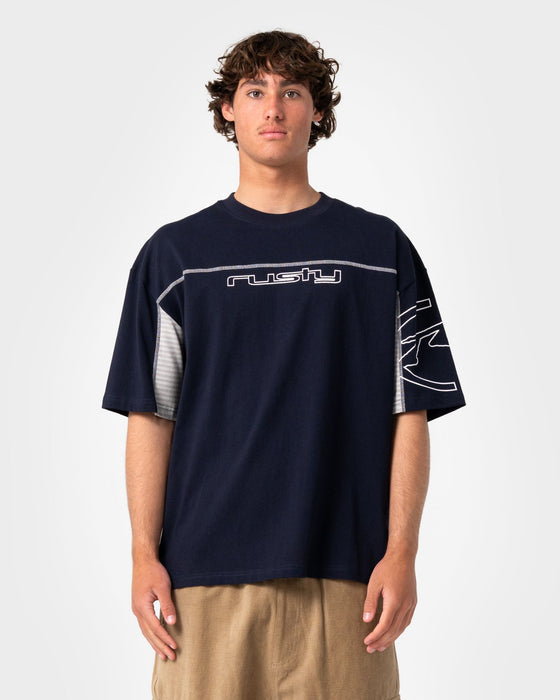 man-wearing-cyber-stripe-short-sleeve-tee-in-navy-blue