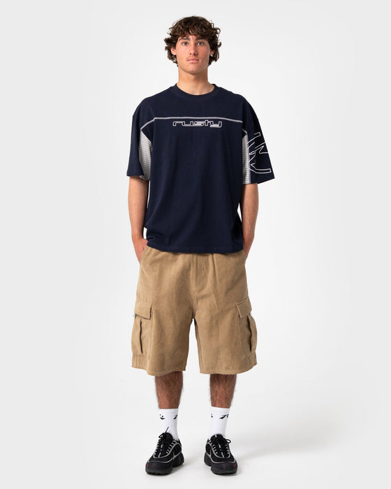man-wearing-cyber-stripe-short-sleeve-tee-in-navy-blue