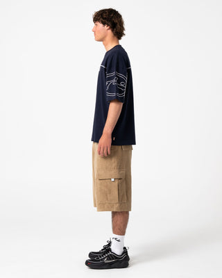 Man wearing Cyber Stripe Short Sleeve Tee in Navy Blue