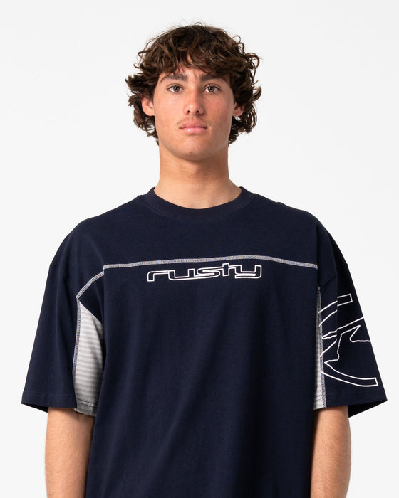 man-wearing-cyber-stripe-short-sleeve-tee-in-navy-blue