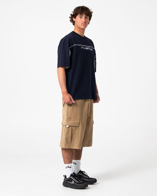 Man wearing Cyber Stripe Short Sleeve Tee in Navy Blue