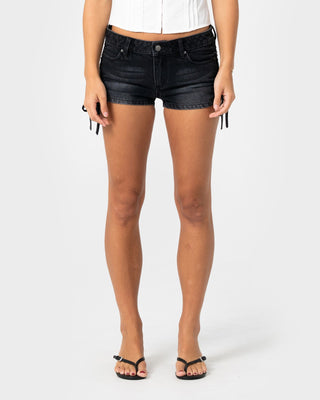 Woman wearing Hackney Low Rise Micro Mini Short in Blasted Black