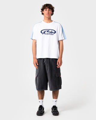Man wearing Cobra Cord Elastic Cargo Short in Steel