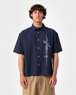 Man wearing Morning Glory Short Sleeve Shirt in Navy Blue