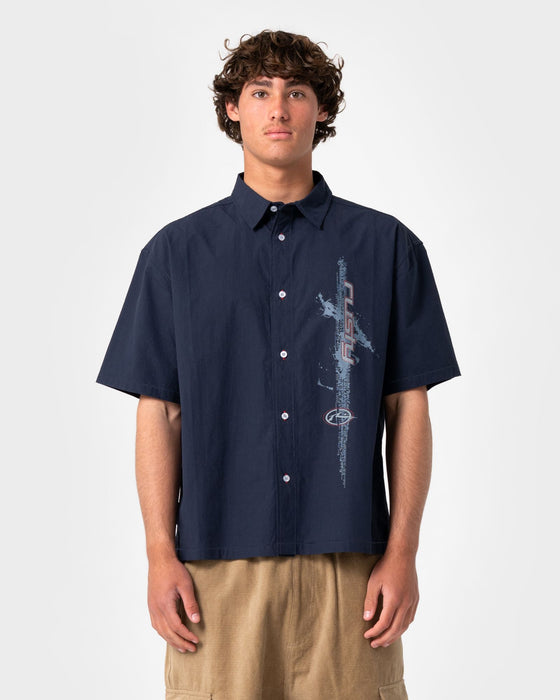 man-wearing-morning-glory-short-sleeve-shirt-in-navy-blue