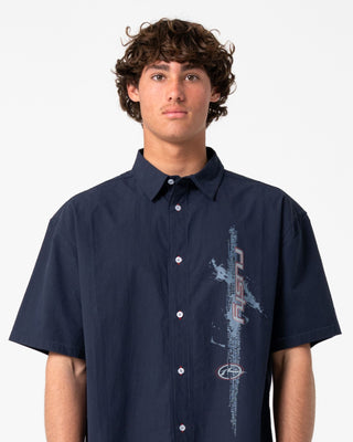 Man wearing Morning Glory Short Sleeve Shirt in Navy Blue