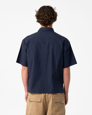 Man wearing Morning Glory Short Sleeve Shirt in Navy Blue