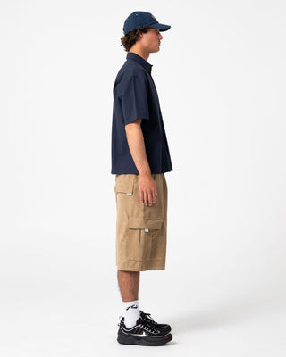 Man wearing Morning Glory Short Sleeve Shirt in Navy Blue