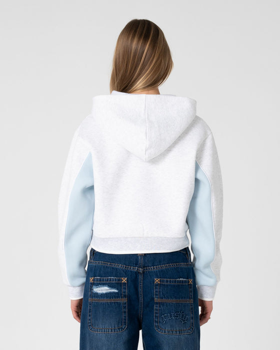 woman-wearing-mini-two-tides-cropped-hooded-fleece-in-ecru-marle