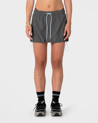 Woman wearing New Age Low Rise Mini Skirt in Grey / Blue