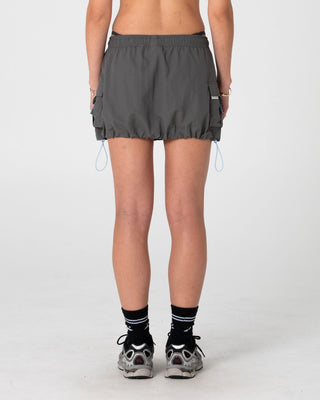 Woman wearing New Age Low Rise Mini Skirt in Grey / Blue