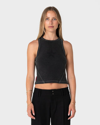 Woman wearing Thats Hot Rusty Tank in Washed Black