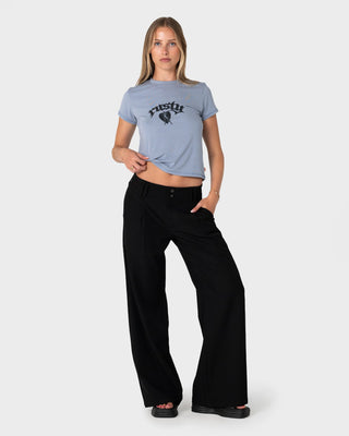 Woman wearing Monty Hartlo Relaxed Baby Tee in Stone Grey