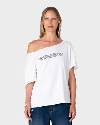 Woman wearing New But Old Off Shoulder Tee in Vintage White