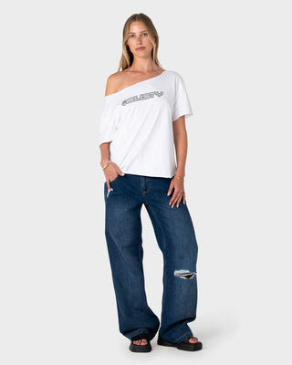 Woman wearing New But Old Off Shoulder Tee in Vintage White