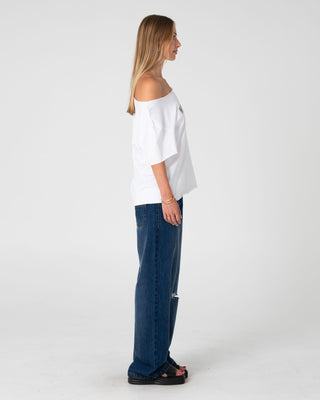 Woman wearing New But Old Off Shoulder Tee in Vintage White