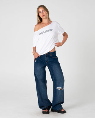 Woman wearing New But Old Off Shoulder Tee in Vintage White